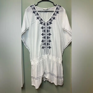 Women’s H&M White And Blue V Neck Boho Above The Knee Dress Size Large